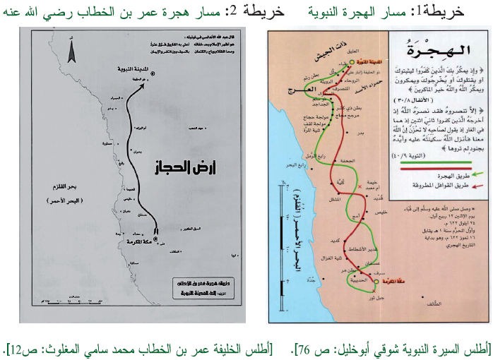 خريطة مسار الهجرة النبوية ومسار هجرة عمر بن الخطاب رضي الله عنه
