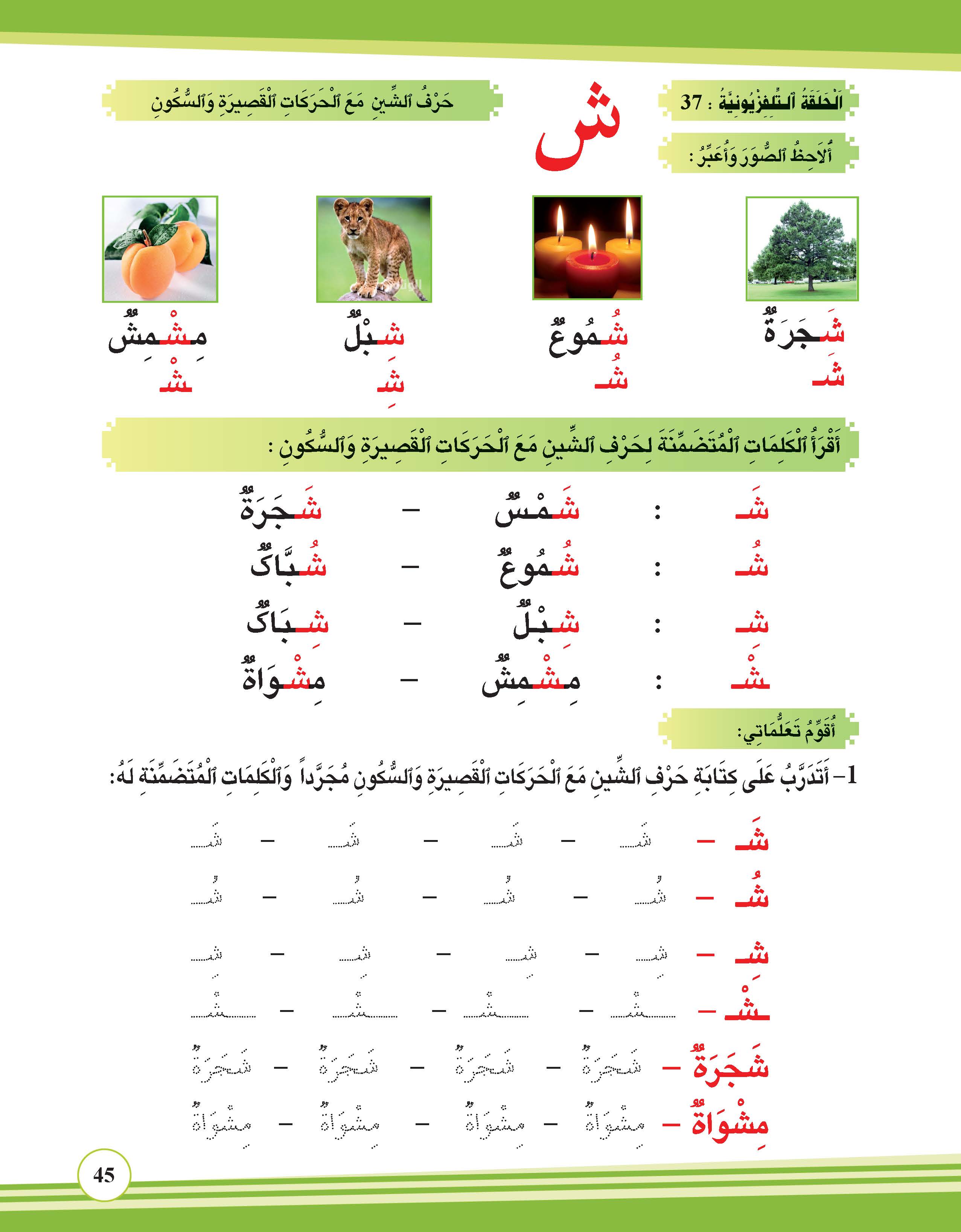 حرف الشين مع الحركات القصيرة والسكون